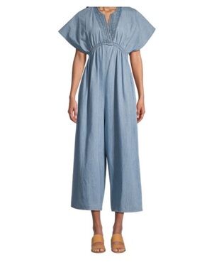 Light Blue cotton Jumpsuit with V-Neck Smocking